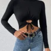 Women's new autumn and winter fashion style casual commuting T-shirt half high neck short crop top with exposed navel