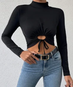 Women's new autumn and winter fashion style casual commuting T-shirt half high neck short crop top with exposed navel