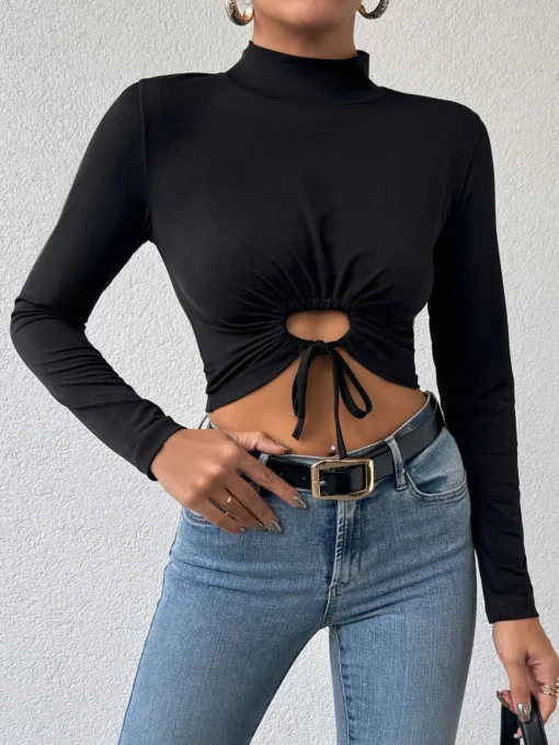 Women's new autumn and winter fashion style casual commuting T-shirt half high neck short crop top with exposed navel