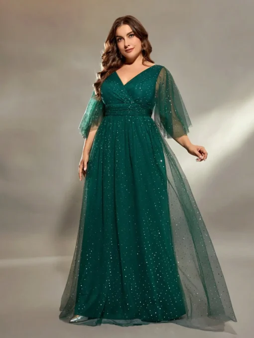 plus size V-neck cross chest pleats irregular long sleeve fillet netting A full skirt Evening gown Ball dress Party dress